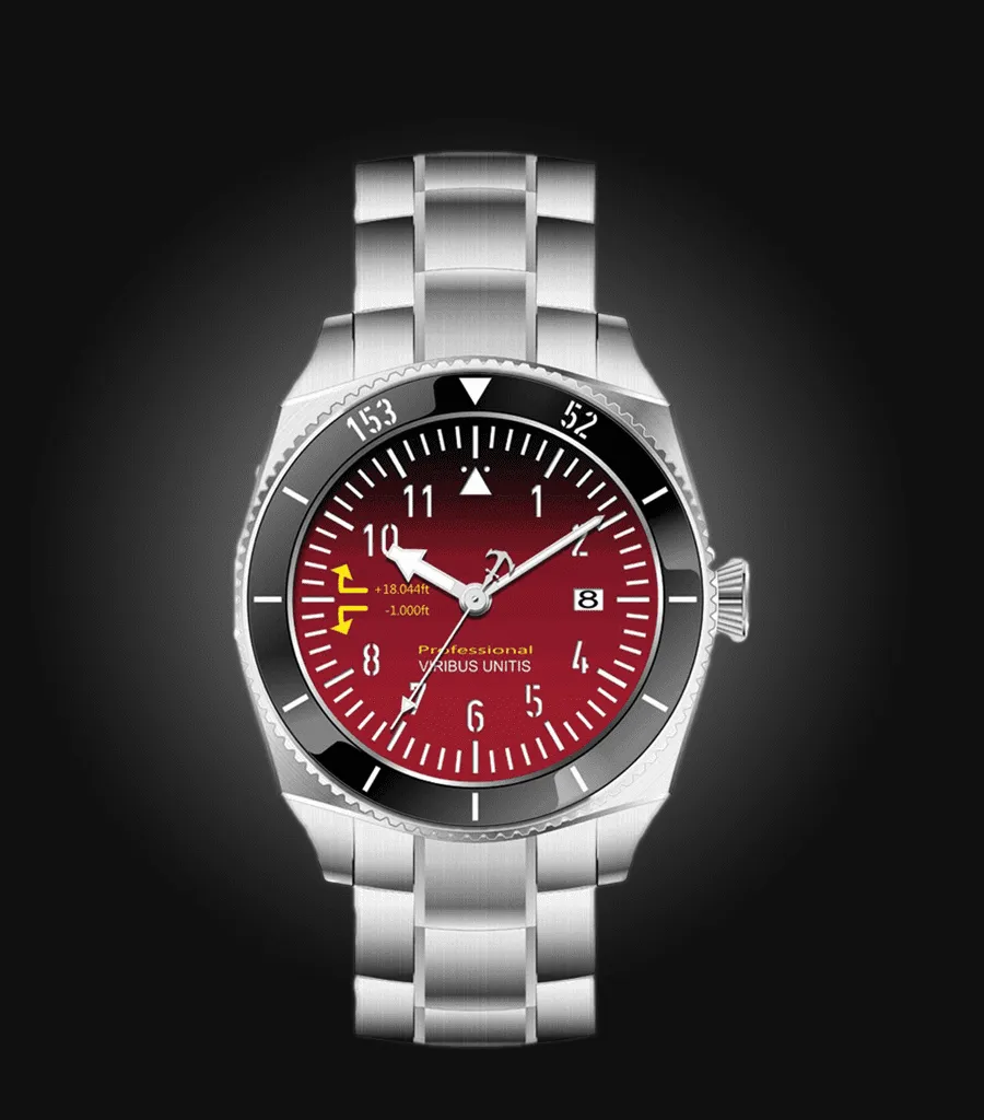 Viribus Unitis 153.52 first generation, steel case, red-black dial, black ceramic bezel, on steel bracelet