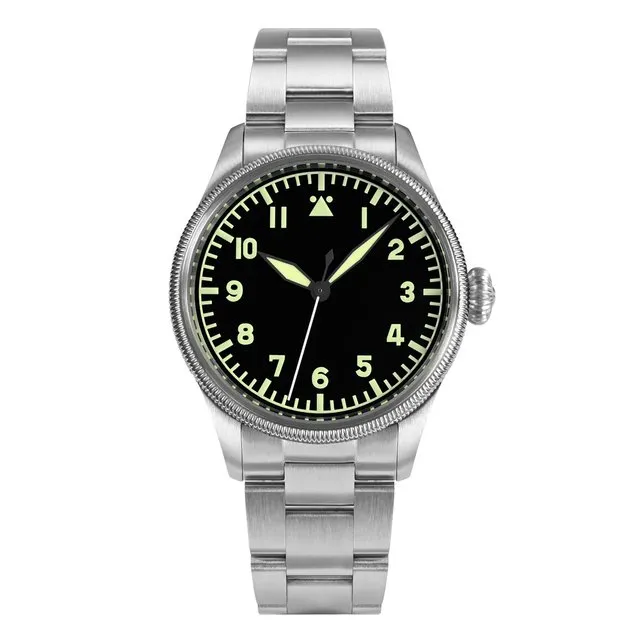 San Martin SN033-G 38.5mm pilot with coin-edge bezel and Type A black dial on steel bracelet