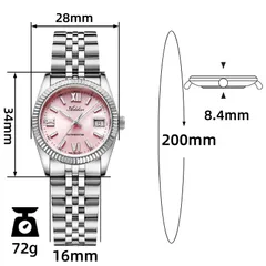 Addies AW25901 dimension graphic on the bracelet (28mm, 34mm lug-to-lug, 8.4mm, 16mm, 200mm, 72g)