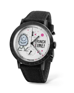 Undone Urban Sport Kevin Lyons Customizable Monsters chronograph with black-coated case, black tachymeter bezel and white "Crunch Time!" monster dial on a black strap