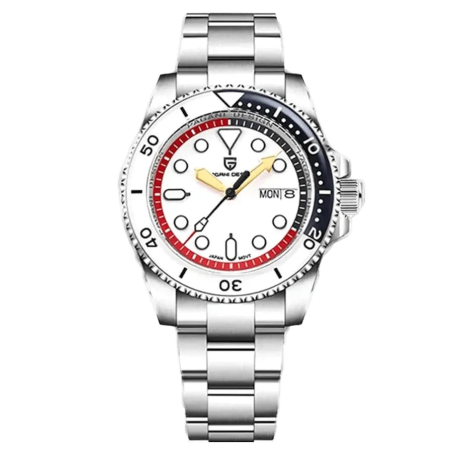 Pagani Design PD-1726 diver with white dial, red chapter ring, day-date at 3 and white/navy dive bezel on Oyster bracelet