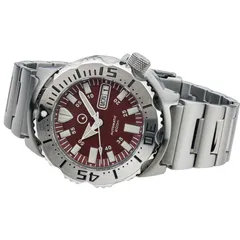 Islander ISL-59 with red dial, angled view showing the crown and bracelet
