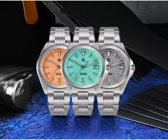 San Martin SN0129-C2 watches with light salmon, light blue and light grey dials