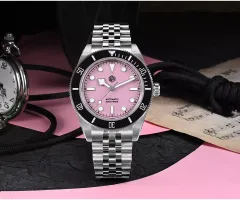 San Martin SN0128-4 diver with pink dial and black ceramic bezel