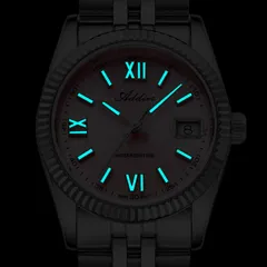 Addies AW25901 lume shot, Roman numerals, markers and hands glowing blue