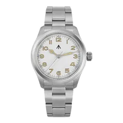 Militado ML08 (VH31) with white dial, gilt numerals and snake hands on steel bracelet