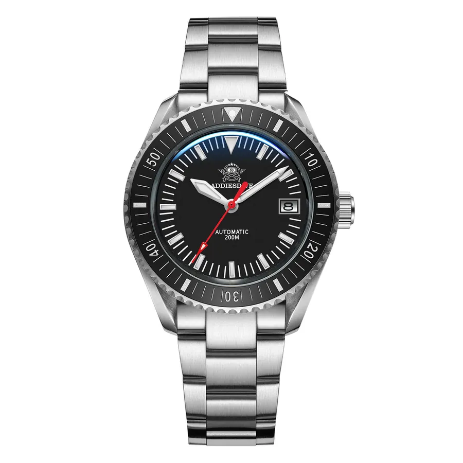 Addiesdive AD2060 with black dial, red seconds hand and black ceramic bezel on a three-link bracelet