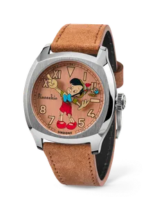 Undone Terra GMT Disney Pinocchio with steel cushion case and copper-pink Pinocchio dial on a tan suede strap