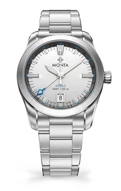 Monta Atlas GMT, opalin silver dial, on bracelet