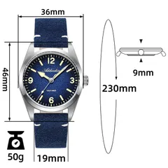 Addiesdive AD2544 dimension graphic on the leather strap (36mm, 46mm, 9mm, 19mm, 230mm, 50g)