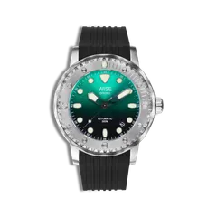 Wise Diving 300M Gen 2 DSX421 in steel, green fade-to-black dial, on black FKM rubber strap