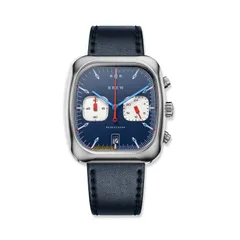 Brew Retrograph Technicolor, matte blue dial with silver subdials, on dark blue leather strap