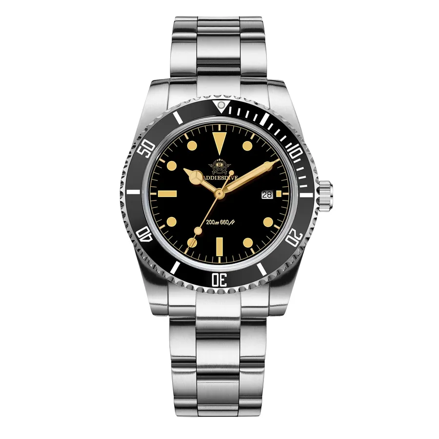 Addiesdive AD2072 with matte black dial, gilt-tone hands and black ceramic dive bezel on a three-link bracelet