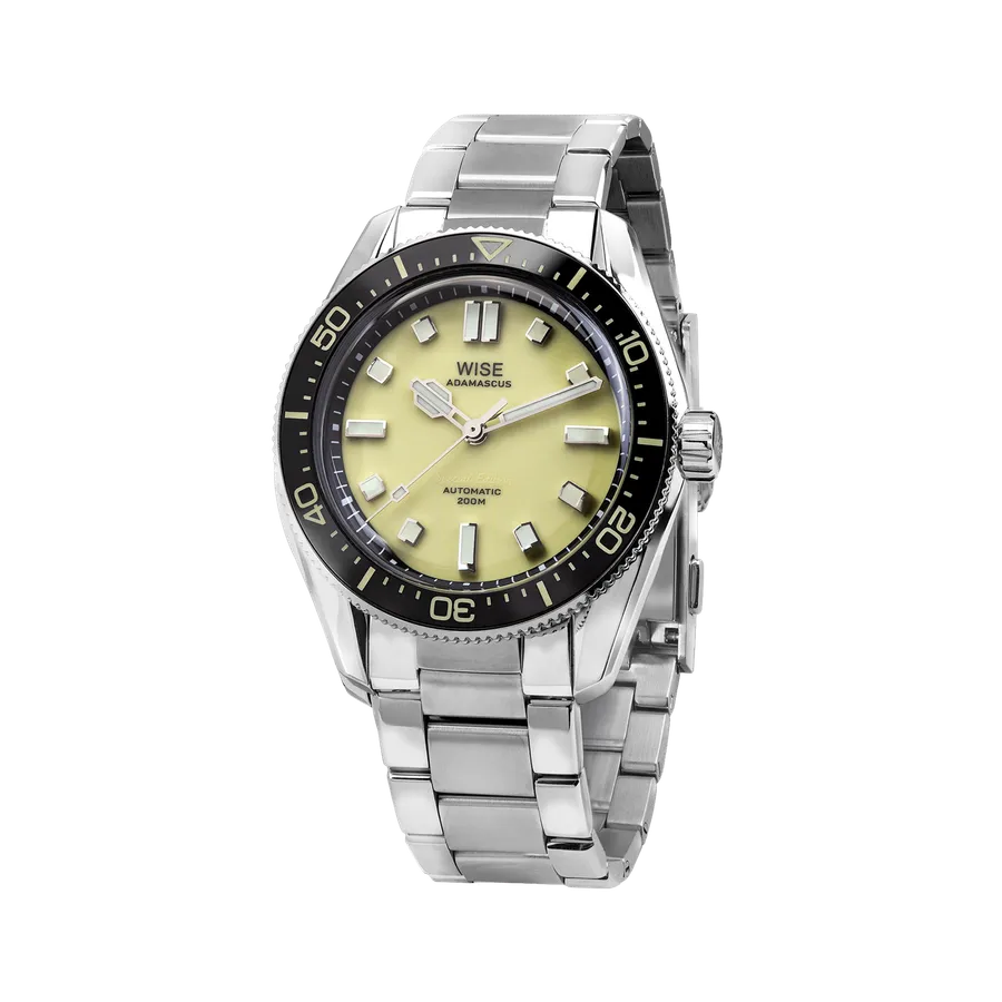 Wise Adamascus AD802 Full Lume in 904L steel, cream full-lume dial, black ceramic bezel, on 904L bracelet