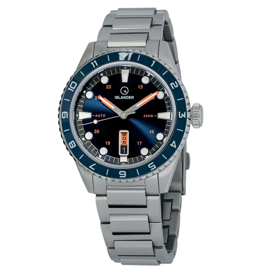 Islander Greenport with sunburst blue dial, orange accents, vertical day-date at 6 and blue 12-hour ceramic bezel on H-link bracelet