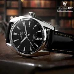 Wise Adamascus AD771A in 904L steel, black patterned enamel dial, on black leather strap