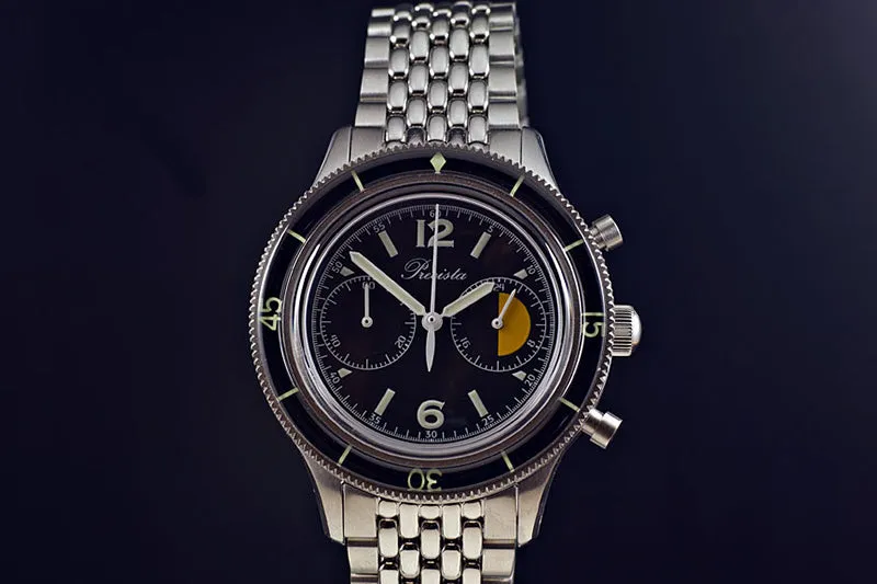 Timefactors Precista PRS-45 Aerotimer, black two-register chronograph dial with lumed 12 and 6, on beads-of-rice bracelet