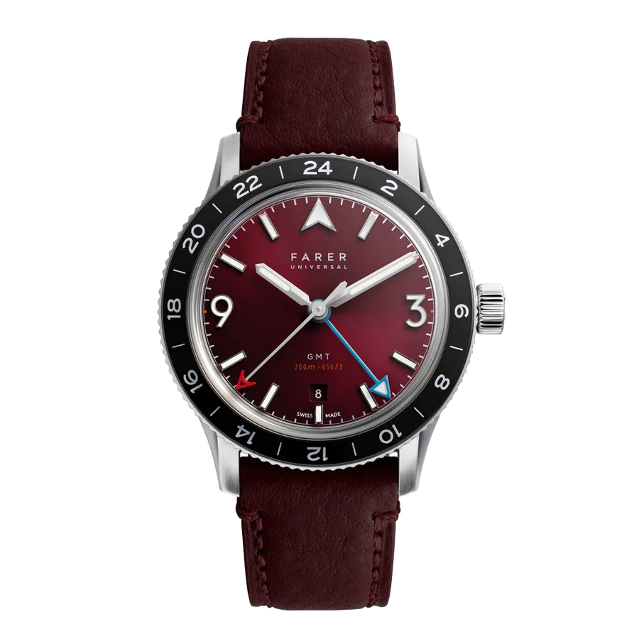 Farer GMT Bezel Crooms III 40mm, burgundy sunray dial and black bezel, on burgundy leather strap