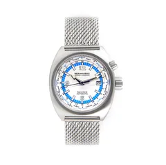 Bernhardt Retro World Timer, white and blue dial with 24-city internal bezel, on steel mesh bracelet