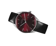 ELKA D07-0807, sunbrushed bordeaux dial with nickel applied indexes and date at 3, on black veau glacé leather strap