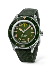 Undone Basecamp 420 Cali with green California dial, cannabis leaf at 12 and green bezel on an olive Cordura strap