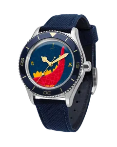 Undone Basecamp Daruma Nekozilla with red Daruma on a navy dial and navy bezel on a navy strap
