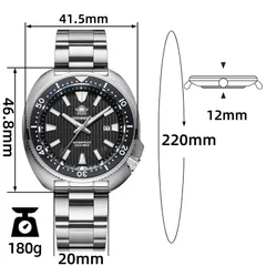 Addiesdive AD2507 dimension graphic (41.5mm across, 46.8mm lug-to-lug, 12mm, 20mm, 220mm, 180g)
