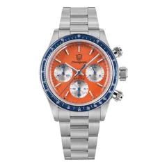 Watchdives WD6263 with orange dial and blue tachymeter bezel on the steel bracelet