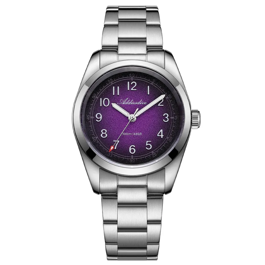 Addiesdive AD2553 with purple sand-textured gradient dial, full Arabic numerals and a three-link bracelet