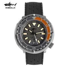 Heimdallr Titanium Tuna Can with grey dial and orange bezel on black rubber strap