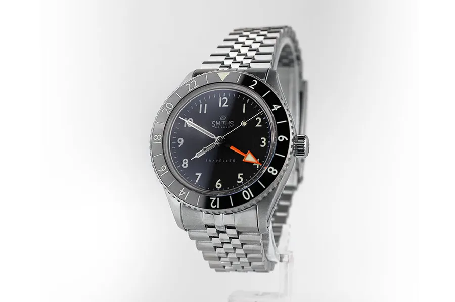 Timefactors Smiths Traveller PRS-58, satin black dial with orange GMT hand and black and grey 24-hour ceramic bezel, on jubilee bracelet