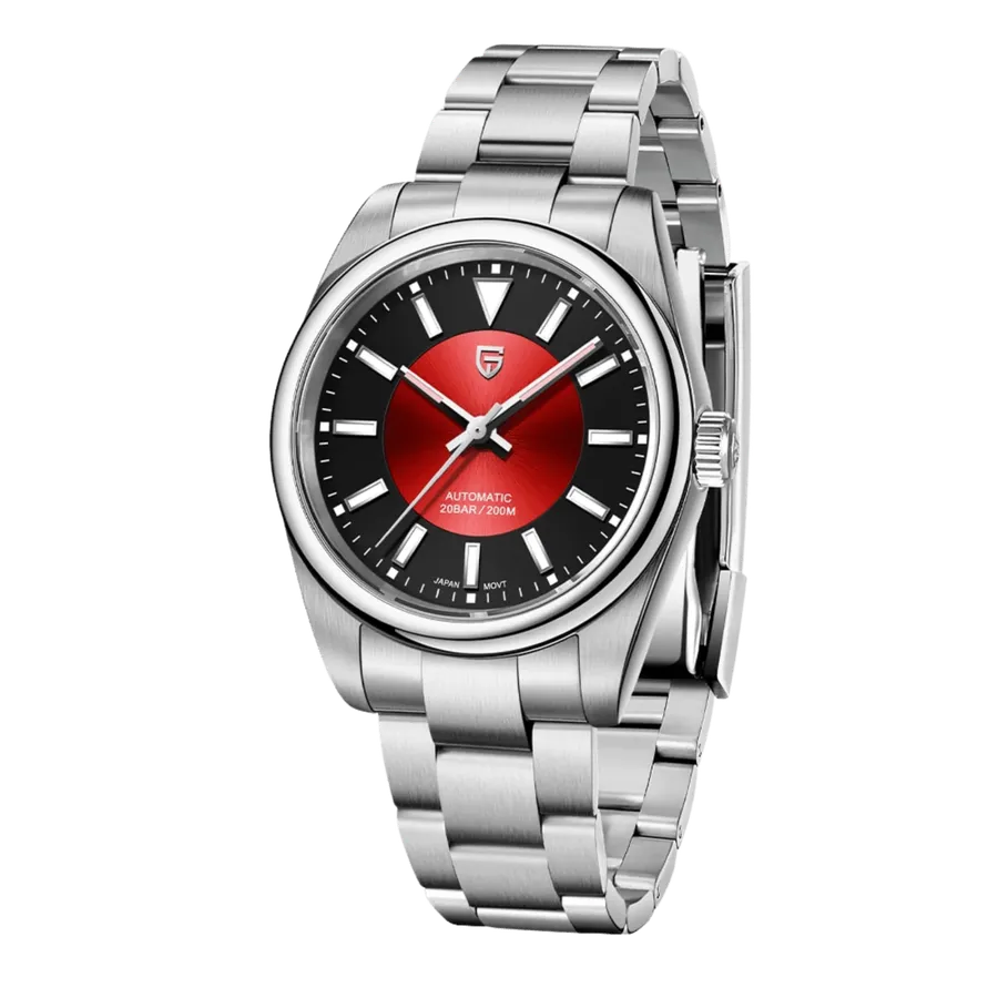 Pagani Design PD-1764 with red and black two-tone dial and smooth bezel on steel Oyster-style bracelet