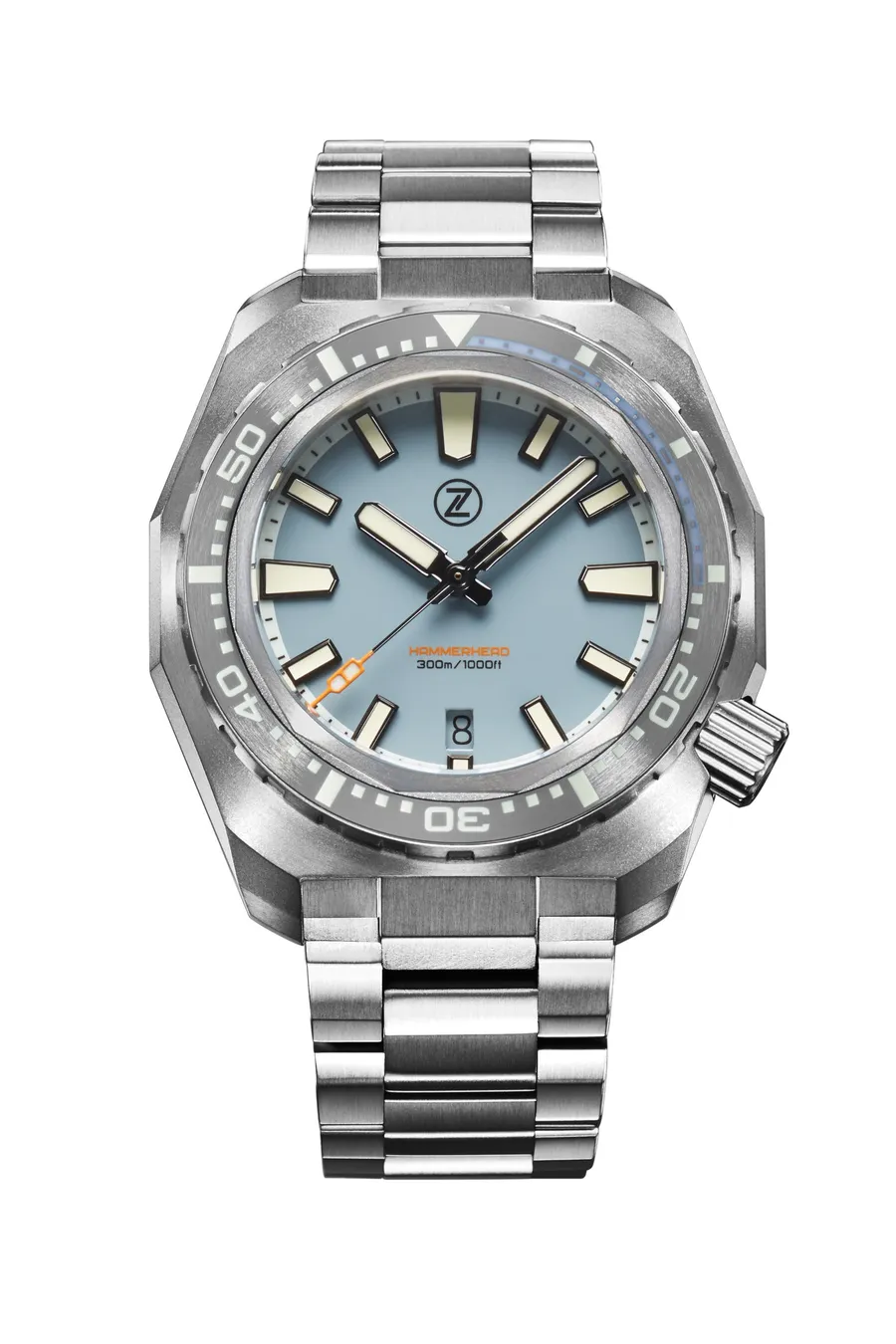 Zelos Hammerhead V3 300m Ti, chalk blue dial, grey ceramic bezel, on titanium bracelet