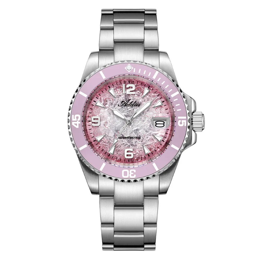 Addies AW25914 with pink relief-textured dial, pink ceramic dive bezel and three-link steel bracelet