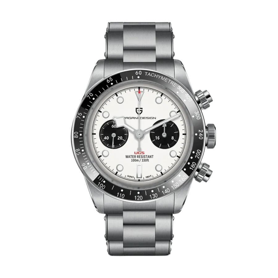 Pagani Design PD-1718 chronograph with white panda dial and black tachymeter bezel on Oyster bracelet