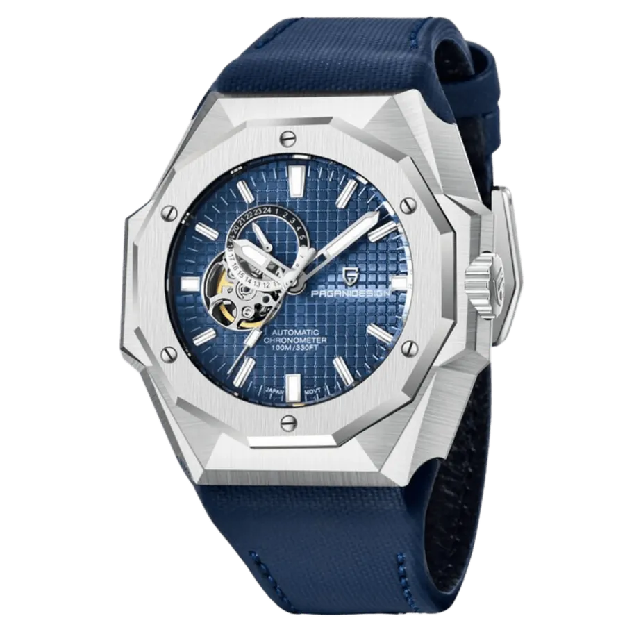 Pagani Design PD-YS010 with blue grid dial, open-heart aperture and 24-hour subdial, steel octagonal bezel, on blue strap