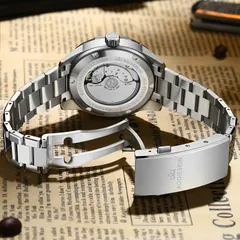 AddiesKIN K002 exhibition caseback showing the Miyota 9015 rotor, and the push-button fold-over clasp