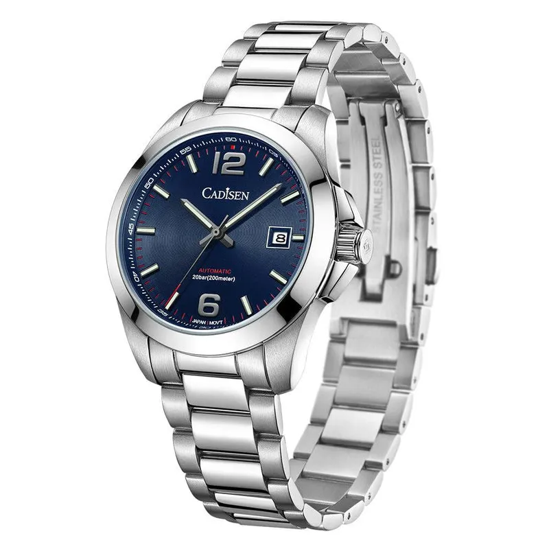 Cadisen C8197 Conquest-style automatic with blue concentric-pattern dial, applied 12 and 6 numerals and date at 3 on a steel bracelet