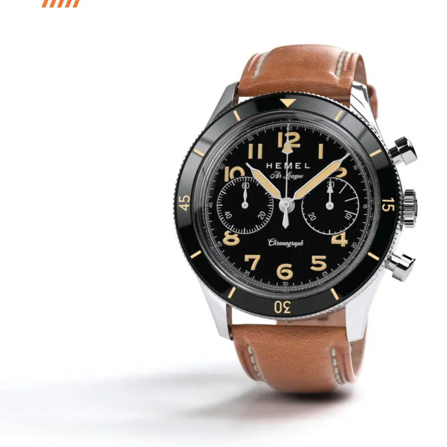 Hemel Air League Special, black dial, black 60-minute bezel, on brown leather strap