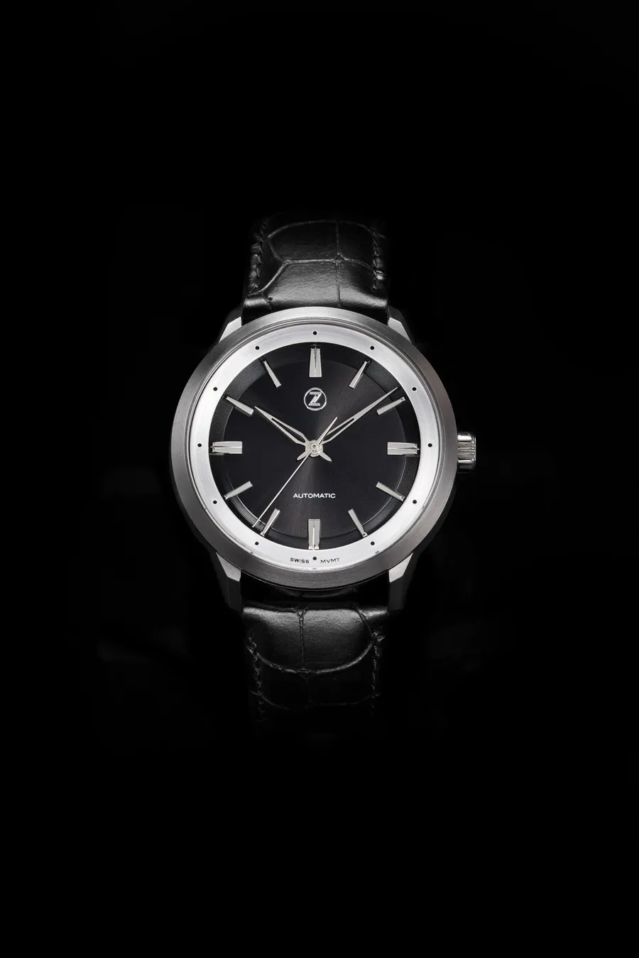 Zelos Gallant G-1, steel case, black sunburst dial with steel hands and indices, on black croc-print leather strap