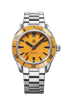 Zelos Swordfish 40mm SS Ember Orange (2023), fully lumed orange dial and bezel, black hands and indices, on bracelet