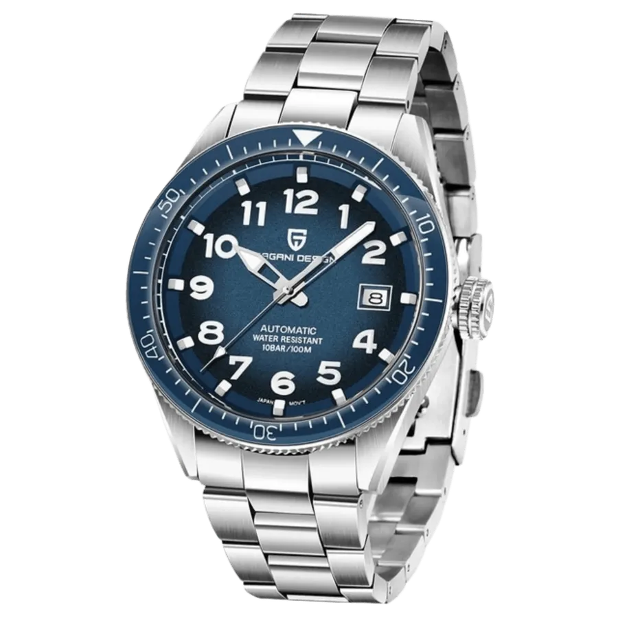 Pagani Design PD-1649 with blue gradient dial, Arabic numerals and blue 60-minute bezel on steel bracelet