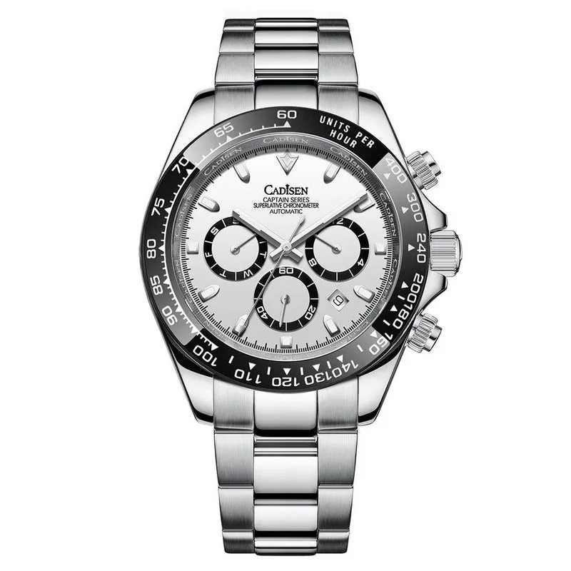 Cadisen C8181 Daytona-style multifunction automatic with white dial, black subdials and black ceramic bezel on a steel bracelet