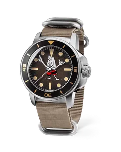 Undone Aqua Birdwell Birdie with steel case, black bezel and black dial with the Birdie mascot on a beige NATO strap