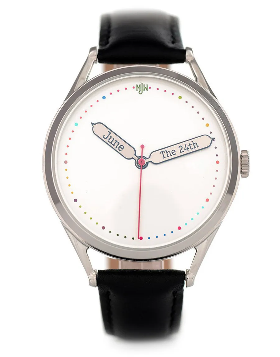Mr Jones The Everyday Special, white dial with hands printed "June" and "The 24th", red seconds hand, steel case on black leather, front view