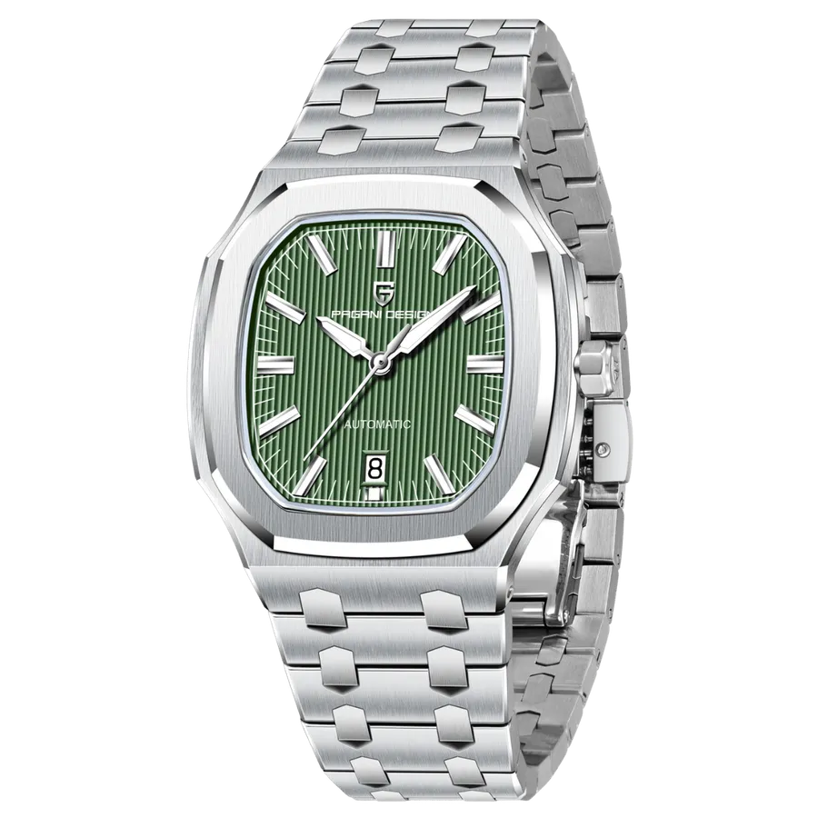 Pagani Design PD-YS033 octagonal steel case with green vertically ridged dial and date at 6, on integrated steel bracelet