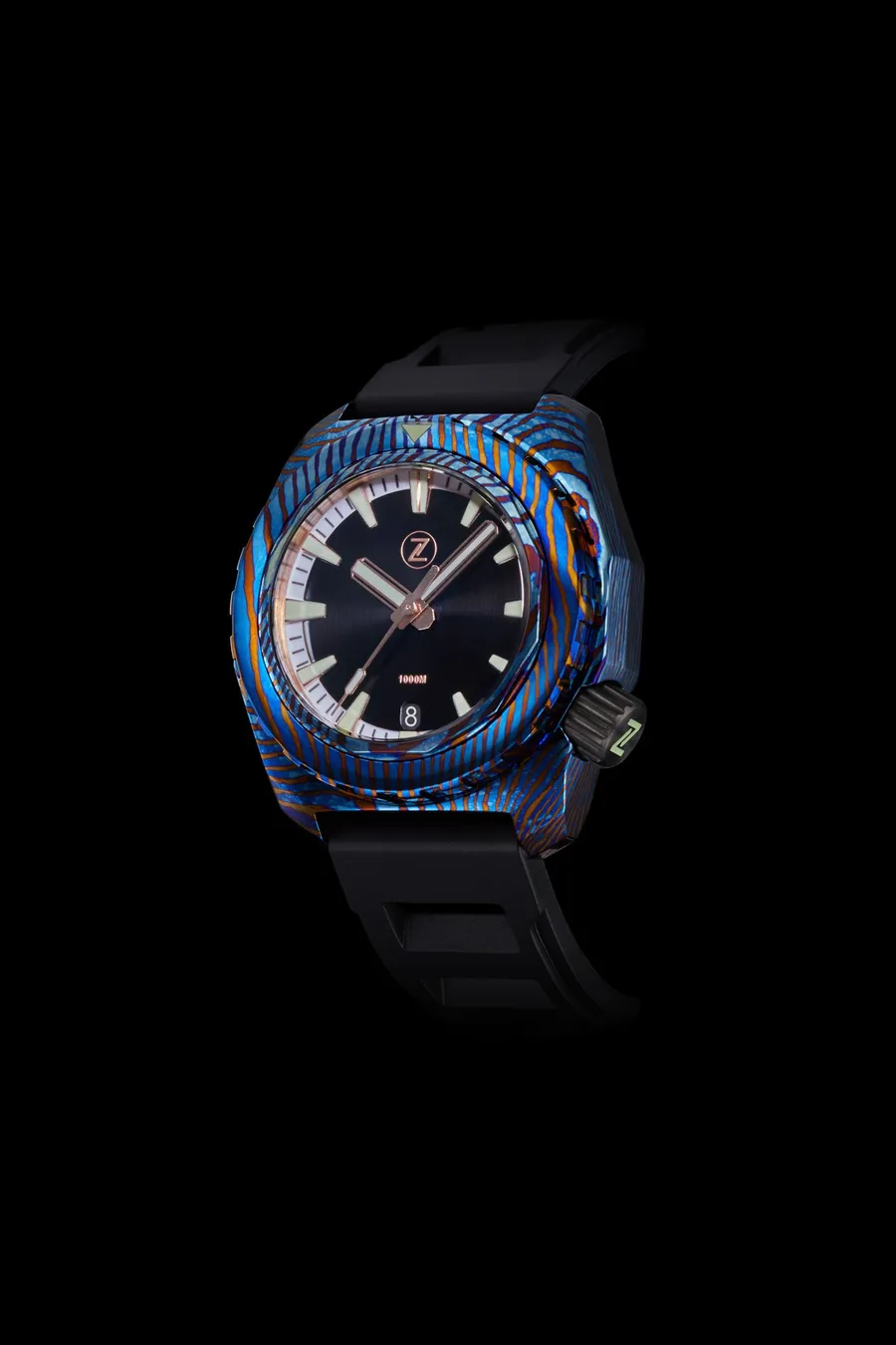 Zelos Hammerhead in blue Ti-Damascus, black dial, on black rubber strap