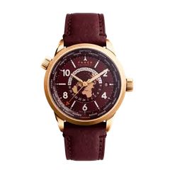 Farer World Timer Thorne Gold, burgundy dial and gold PVD case, on burgundy St. Venere leather strap