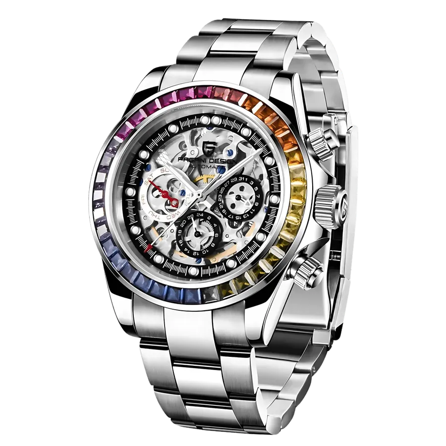 Pagani Design PD-1653 with skeleton dial, three subdials and rainbow stone-set bezel on steel bracelet