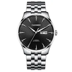 Cadisen C8148 automatic with black guilloché dial and day-date at 3 on a steel bracelet